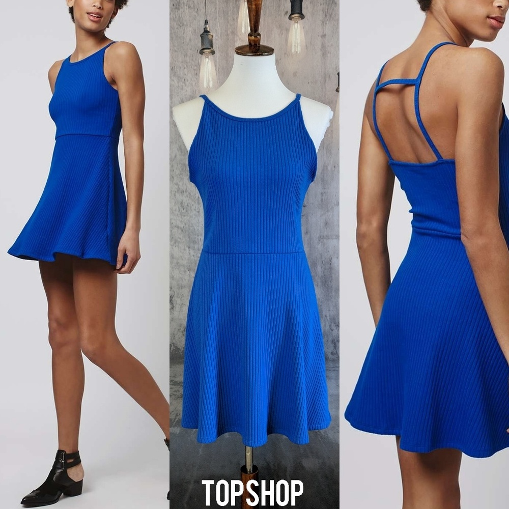TOPSHOP strappy back ribbed Mini dress, blue, US size 10, New with Tag